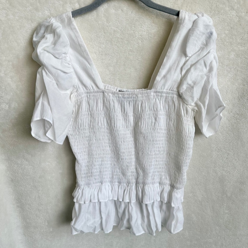 Lucy Paris White Smocked Puff Sleeve‎ Square Neck Ruffle Crop Top Size M
